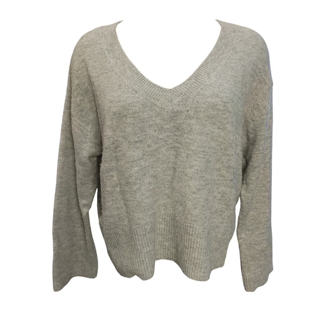 Basic Women's S Light Gray Knit V-Neck Long Sleeve Sweater